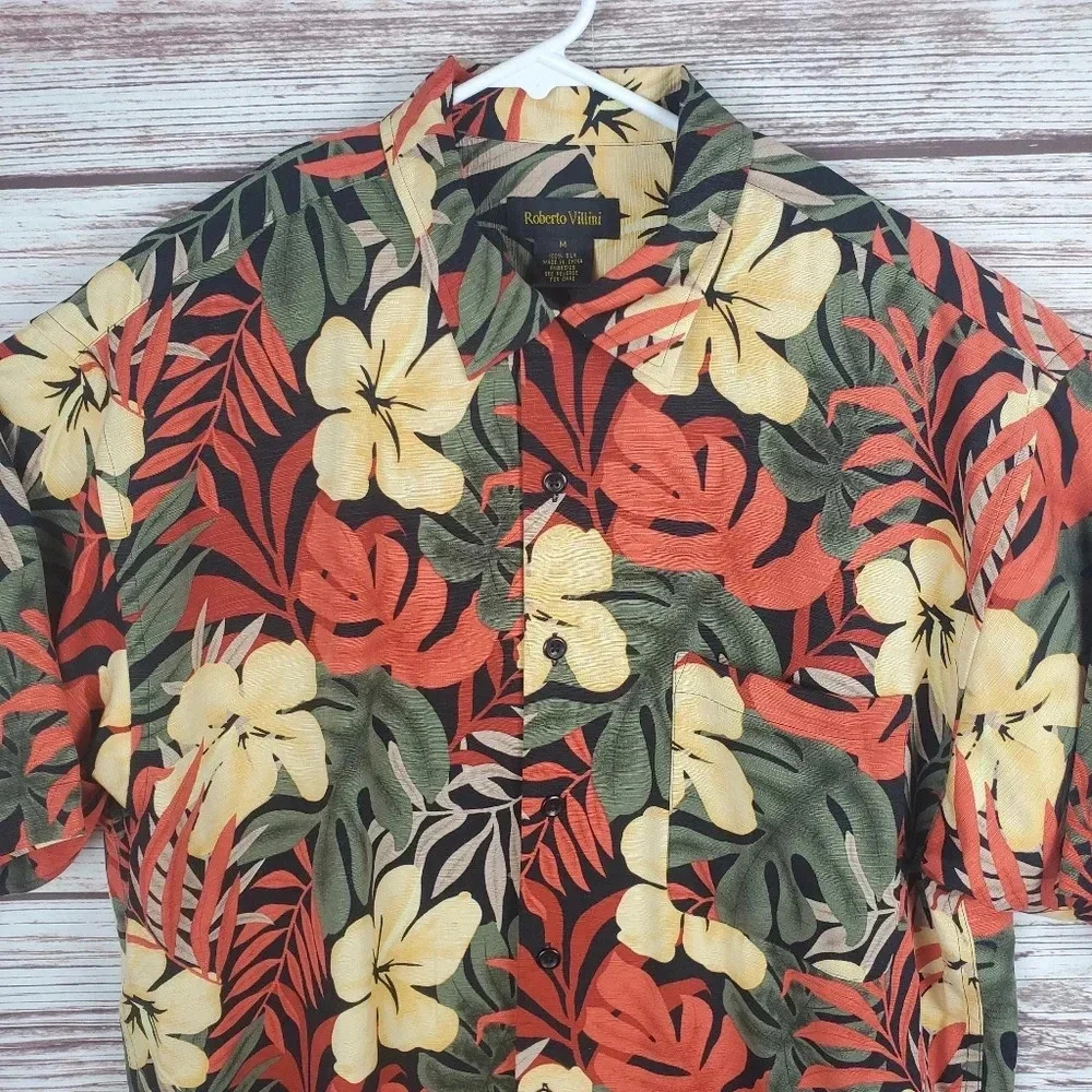 Roberto Villini Mens Medium 100% Silk Floral Hawaiian Shirt #115 - Picture 2 of 9